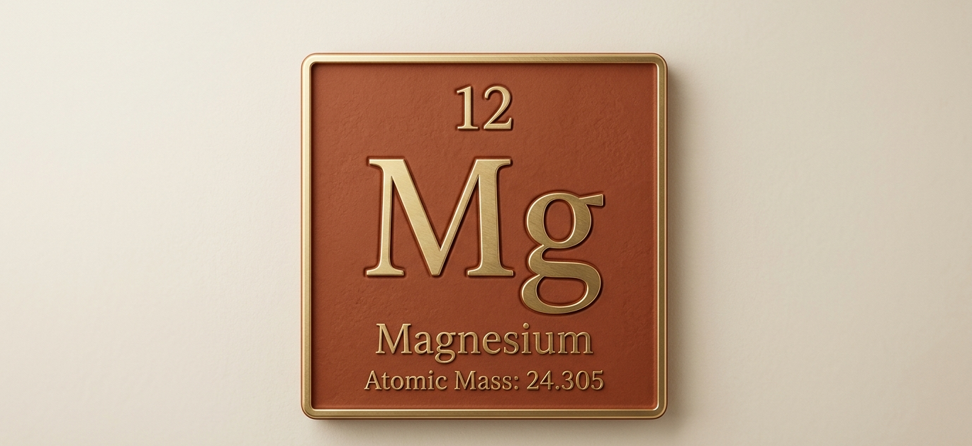 A large, beautifully rendered periodic table tile for Magnesium (Mg, atomic number 12) as the hero element of the composition.